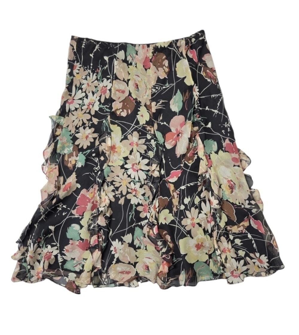 VTG Lauren Ralph Lauren Silk Floral Ruffle Midi Skirt Tiered Y2K Cottagecore PL